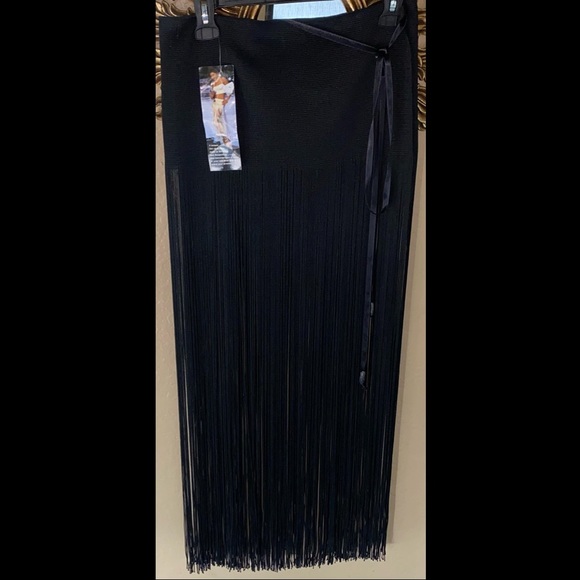 New long fringed black wrap around Latin dance skirt or pool coverup - Picture 4 of 8
